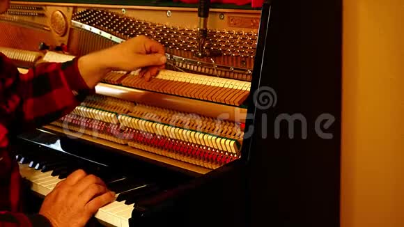 技术人员通过演奏黑白键和使用杠杆和工具来拧紧或松开琴弦来调整直立钢琴视频的预览图