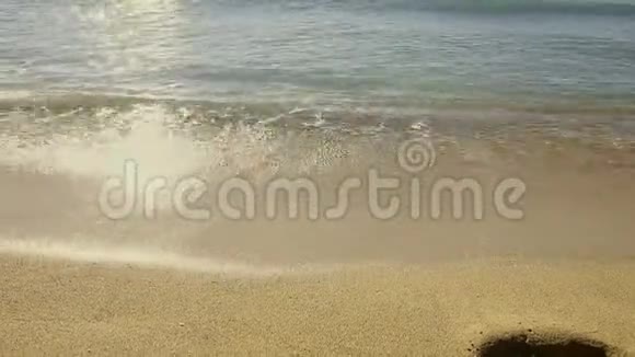 海景沙滩上有金色的沙滩还有海浪缓缓拍打着海岸阳光明媚的一天视频的预览图