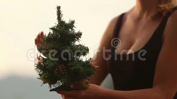女孩纠正圣诞树视频的预览图