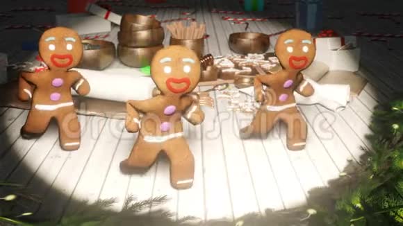 姜饼人在节日的圣诞餐桌中间跳舞庆的概念循环动画视频的预览图