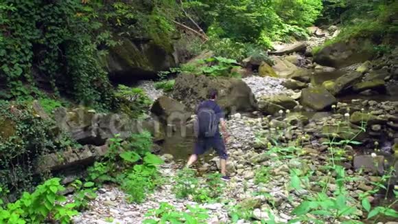 游客在绿色的热带森林中从石头到石头从一条条山河视频的预览图