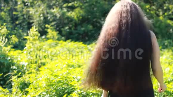 一个风和日丽的夏日年轻漂亮的女人梳着她的长发视频的预览图