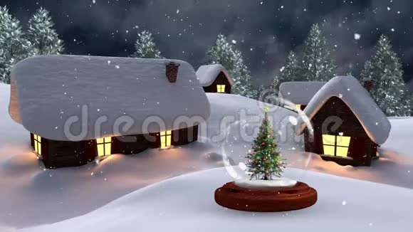 夜间在神奇森林中的照明小屋和圣诞树圣诞动画视频的预览图