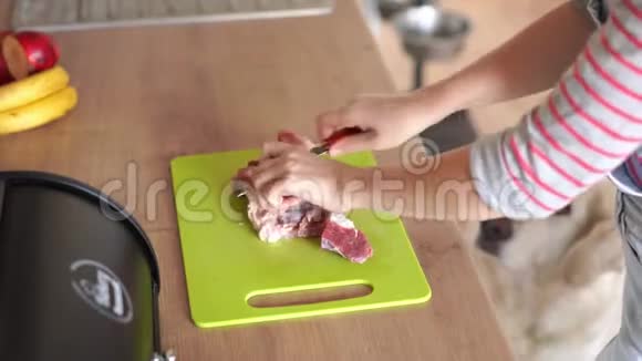 家里的女人在厨房切肉喂他一条狗视频的预览图
