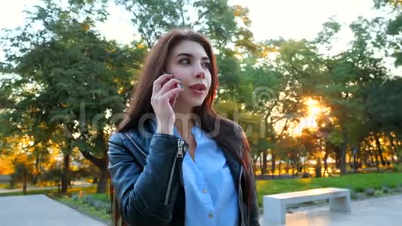 商务女性与智能手机关闭在秋季公园在日落光女孩用手机聊天视频的预览图