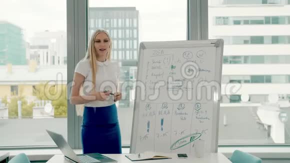 商务女性在白板上做演示年轻时尚的女人留着长长的金发在白板上写字视频的预览图