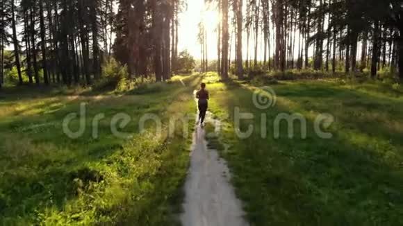 黎明时分在森林里奔跑的女运动员视频的预览图