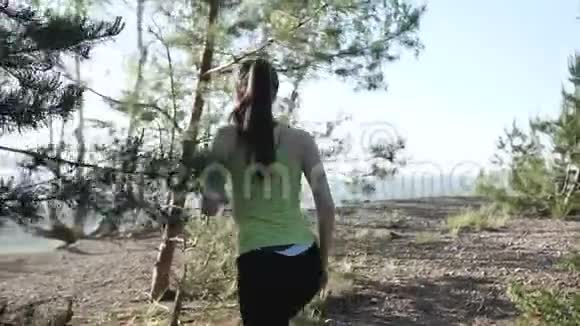 后景山地景观白人跑步女孩早上在山上的森林慢跑田径赛跑视频的预览图