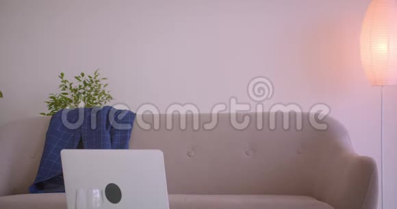 成人成功的白种人商人在笔记本电脑上打字躺在公寓的沙发上视频的预览图