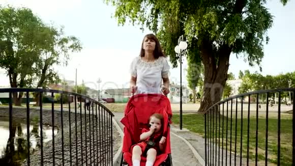 带着小孩的女人在夏天的公园里散步带着婴儿车穿过池塘的桥慢动作视频的预览图