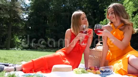 两个女孩在公园野餐和喝酒视频的预览图