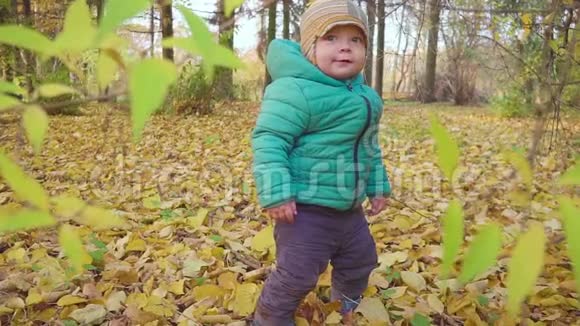 在日落的秋天公园里一岁的男孩笑得很有趣快乐的童年概念慢动作视频的预览图