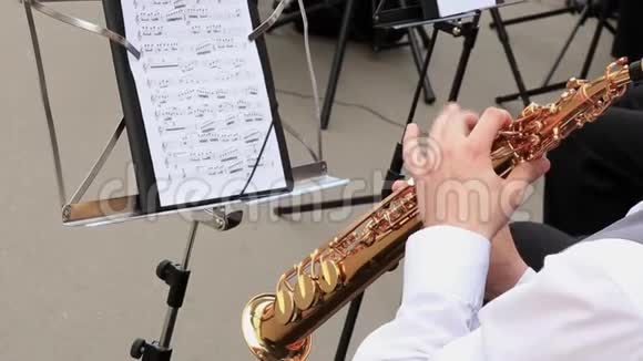 男音乐家在市政管弦乐队演奏风琴在露天音乐会上演奏视频的预览图