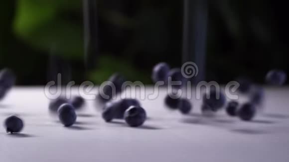 美味的蓝莓落在白色的桌子上电影视图与绿色植物的背景视频的预览图