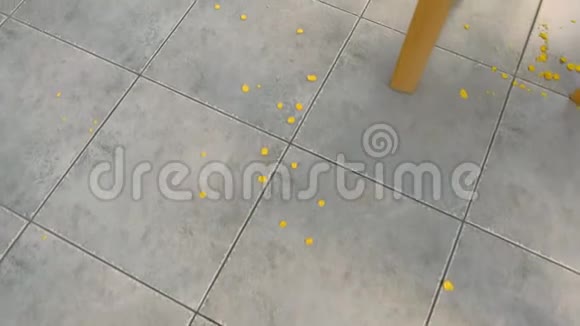 厨房地板上灰色瓷砖上的玉米片面粉和种子肮脏的厨房地板上有剩菜视频的预览图