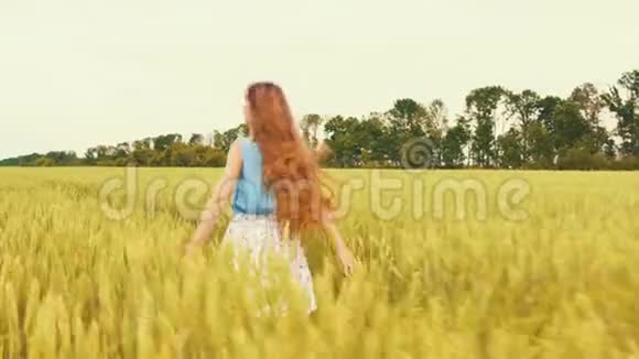 穿着乡村服装在麦田里奔跑的可爱女孩视频的预览图
