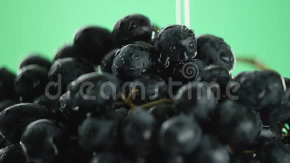 在视频中我们看到葡萄在视频的中间水开始从顶部倾泻特写绿色的背景视频的预览图