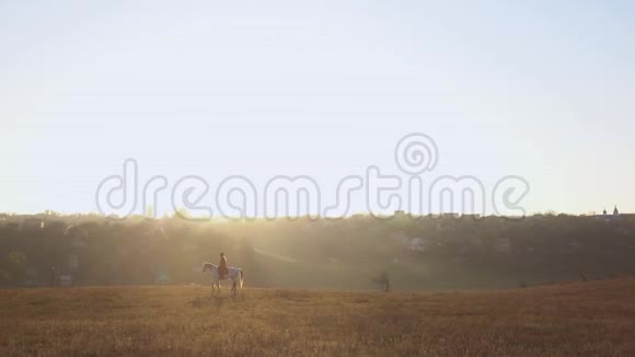 少女背景上的一道风景骑在马背上的田野中央慢动作侧视图视频的预览图
