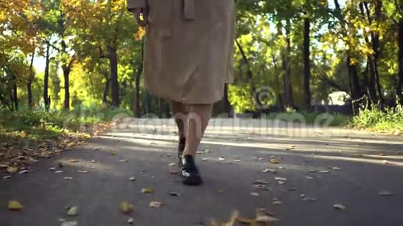 穿着时髦黑色靴子外套或壕沟在秋天公园散步的女人的腿视频的预览图
