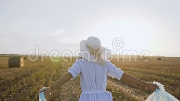 后视图美丽的女孩穿着长裙围着雪纺围巾在夏日的田野上奔跑带着稻草包直到日落视频的预览图