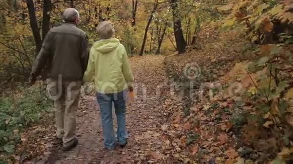 老两口享受秋公园的浪漫散步视频的预览图