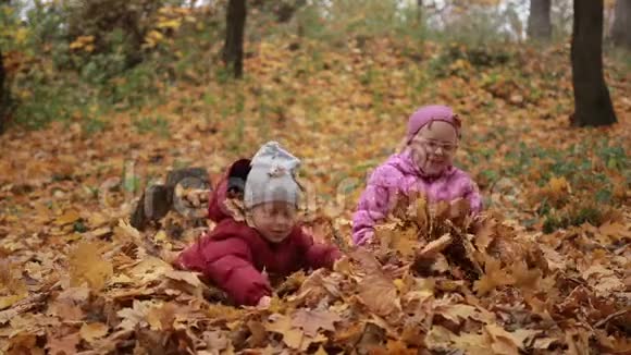 两个快乐的孩子在秋天扔落叶视频的预览图