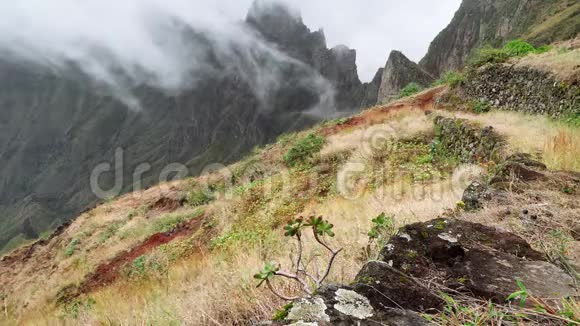 雾流过他们的山峰边缘令人惊叹的山景在XoXo谷佛得角圣安陶岛视频的预览图