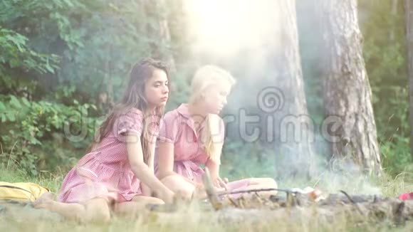 两个年轻的女人在日落时在公园野餐时玩得很开心暑假假期假期快乐视频的预览图