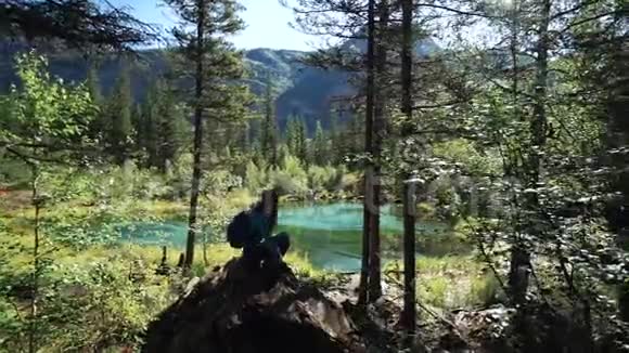 旅行者女孩坐在森林里的一块石头上正在欣赏美丽的蒙丹湖的风景视频的预览图