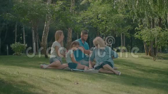 欢乐的家庭野餐在夏季公园视频的预览图