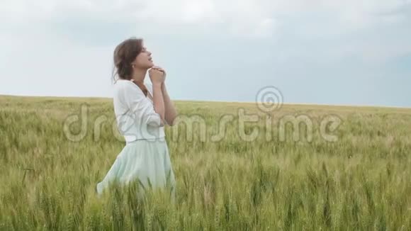 一个年轻的女孩在麦田里祈祷一个女人在玉米穗中享受大自然感谢上帝一个宗教和节日的概念视频的预览图