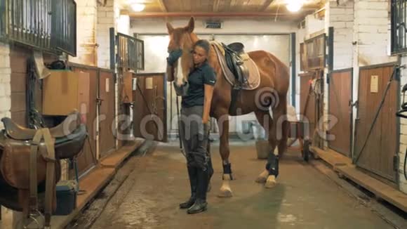 一个女人站在马厩里拍马的肖像4K视频的预览图