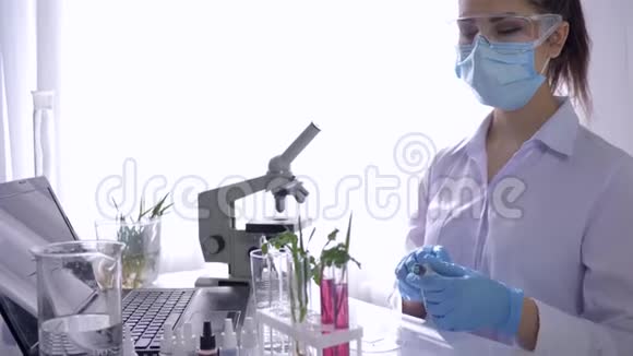 实验室助理人员在专门配备的实验室中与植物进行生物研究视频的预览图