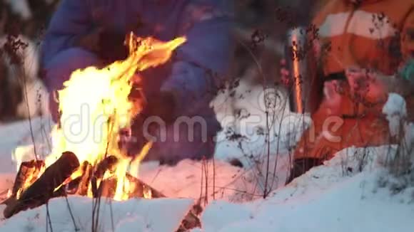 一家人在冬季森林里准备篝火香肠和喝茶视频的预览图