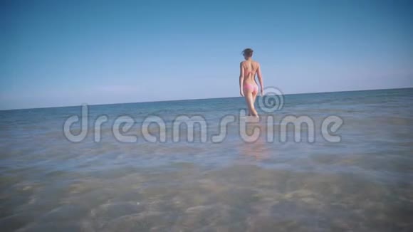 穿着粉红色泳衣的女孩慢慢地进入大海在最后转身视频的预览图