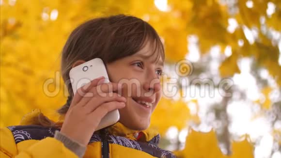 十几岁的女孩在秋天公园打电话微笑着慢动作视频的预览图