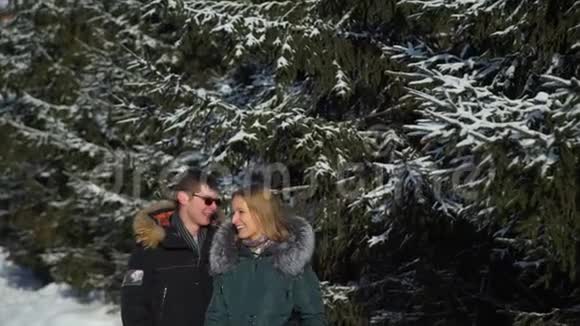 恋爱中的情侣在冬季公园里微笑拥抱视频的预览图