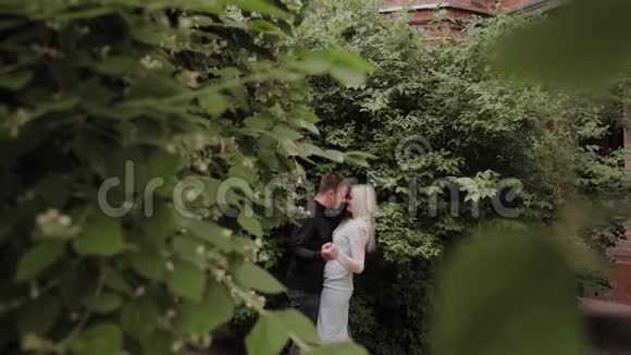 幸福相爱的一对夫妇在绿色灌木丛的树枝上晒太阳视频的预览图