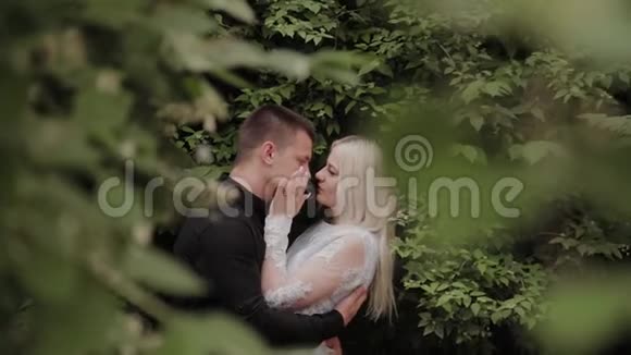幸福相爱的一对夫妇在绿色灌木丛的树枝上晒太阳视频的预览图