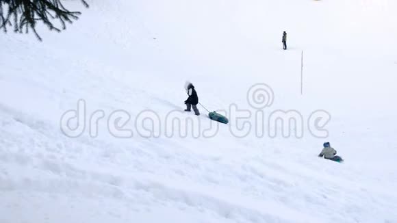 孩子们在冬季公园的油管里从雪山上骑马视频的预览图