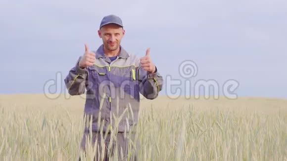 一个年轻的农民站在田野里享受着丰收快乐的微笑农夫4k视频的预览图