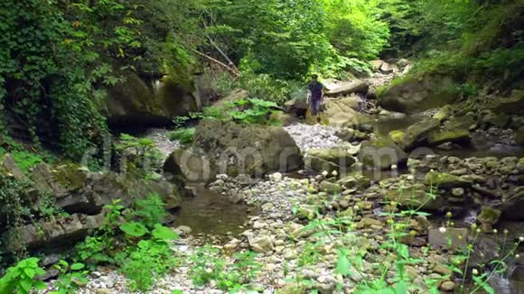 男游客在绿色热带森林中从石头到石头的山河视频的预览图