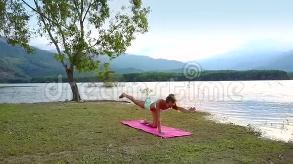 镜头从女孩的瑜伽姿势移除显示大孤树视频的预览图