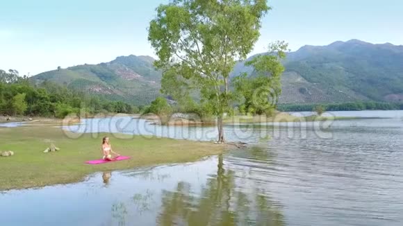 湖中弯弯的树影女孩坐在草地上视频的预览图