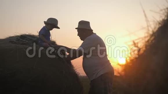 两代人的剪影一个成熟的祖父和小孙子去日落视频的预览图