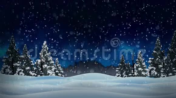 具有干燥圣诞树和山背景的冰雪冬季景观动画视频的预览图