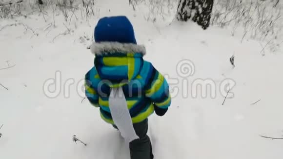 快乐的小男孩在冬天在公园里跑步快乐的男孩在雪地冬季公园玩得很开心微笑软焦视频的预览图