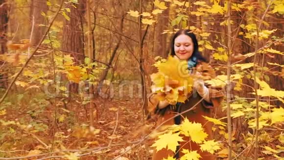 年轻女子在秋天公园散步手里拿着枫叶慢动作视频的预览图