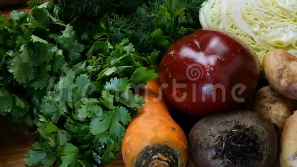 各种生蔬菜用于制作蔬菜汤罗宋汤或素食健康膳食视频的预览图