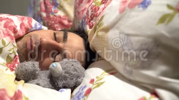 英俊的心上人睡着毛绒玩具敏感的无刺的温柔孤独柔软的性格视频的预览图